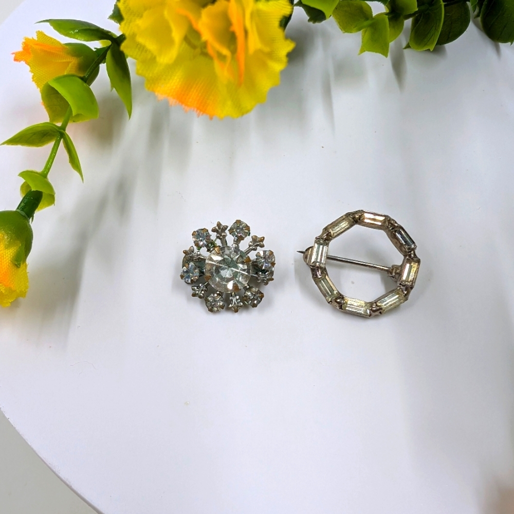 Lot of 2 Vintage Art Deco Style Vintage Crystal Micro Brooches